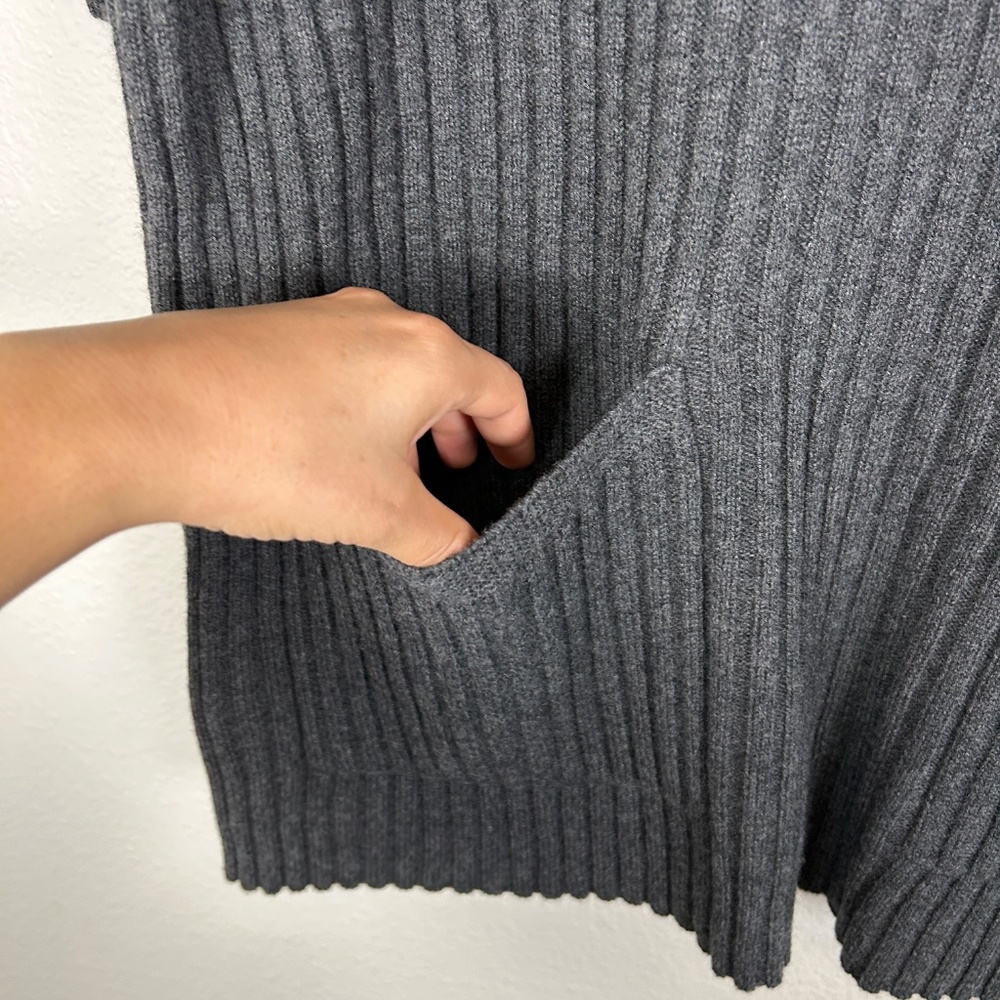 Lafayette 148 size XL short sleeve v-neck sweater 100% wool ribbed gray w pocket - Picture 6 of 11